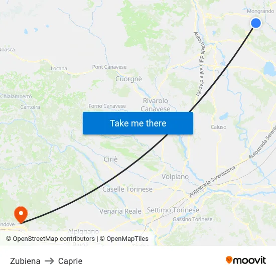 Zubiena to Caprie map