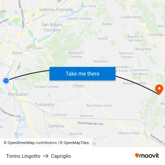 Turin Lingotto to Capriglio map