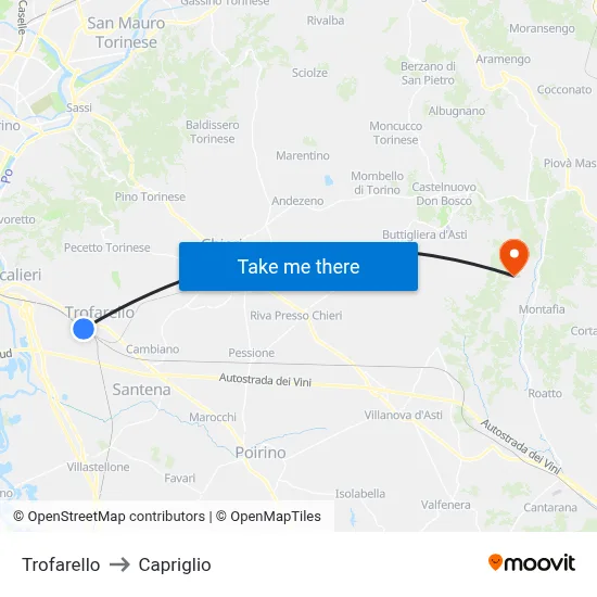 Trofarello to Capriglio map