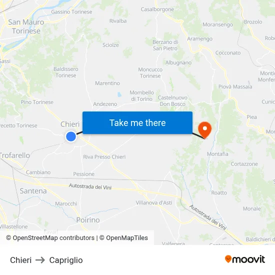 Chieri to Capriglio map