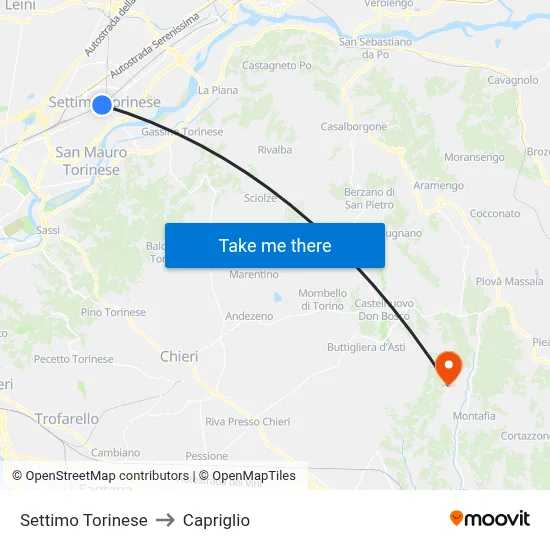 Settimo Torinese to Capriglio map