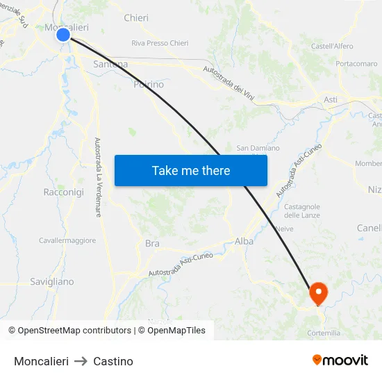 Moncalieri to Castino map