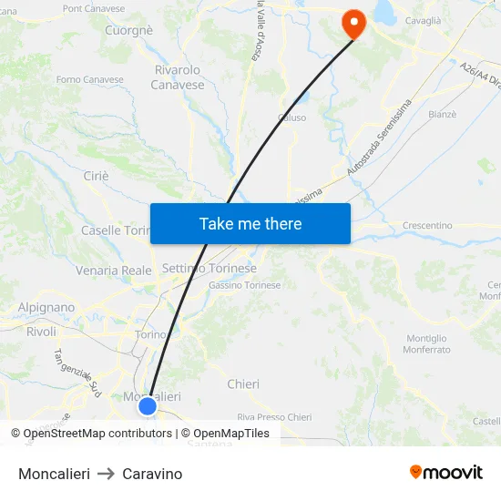 Moncalieri to Caravino map