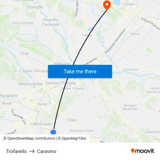 Trofarello to Caravino map