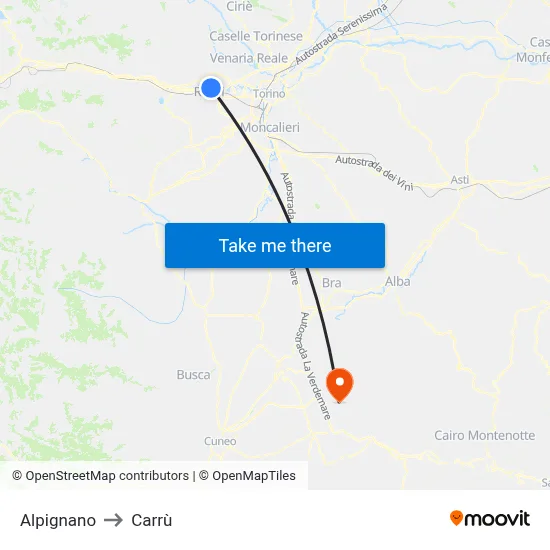 Alpignano to Carrù map