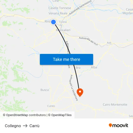 Collegno to Carrù map