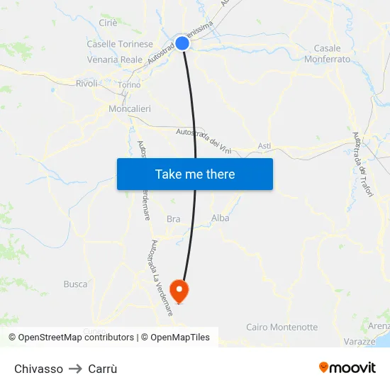 Chivasso to Carrù map
