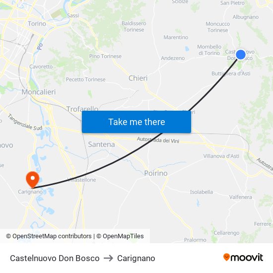 Castelnuovo Don Bosco to Carignano map