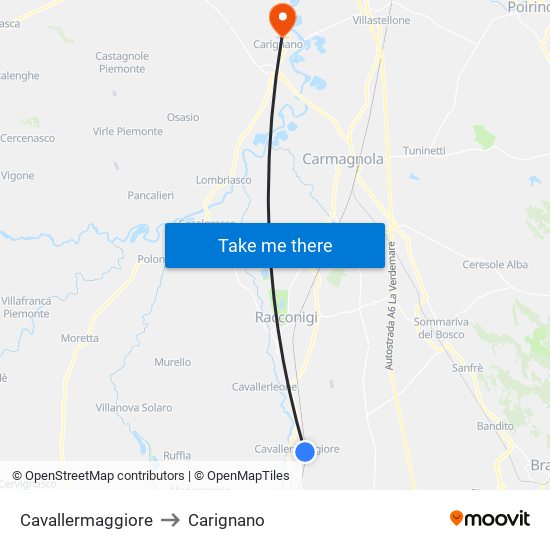 Cavallermaggiore to Carignano map