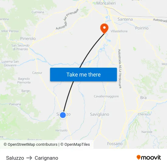 Saluzzo to Carignano map