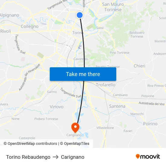 Turin Rebaudengo to Carignano map