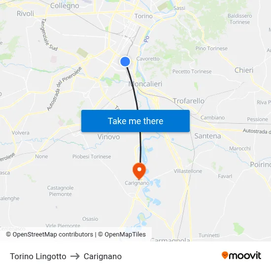Turin Lingotto to Carignano map