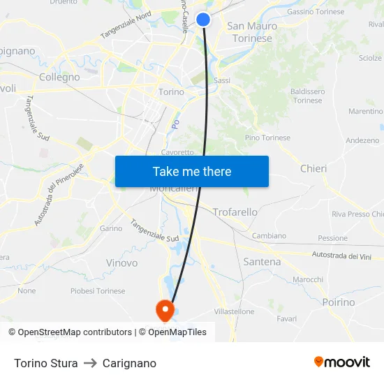 Turin Stura to Carignano map