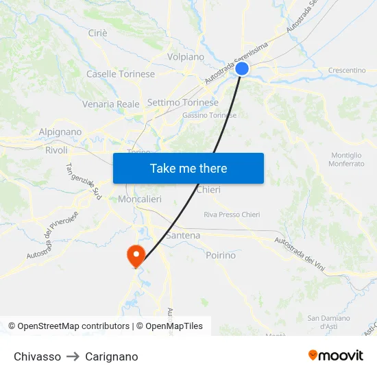 Chivasso to Carignano map