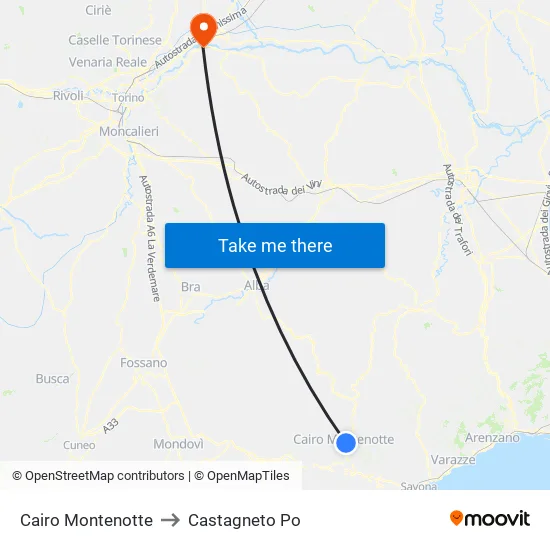 Cairo Montenotte to Castagneto Po map