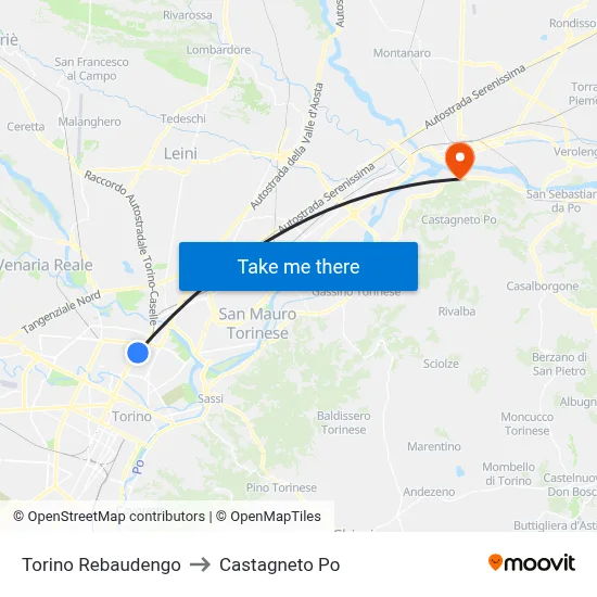 Turin Rebaudengo to Castagneto Po map