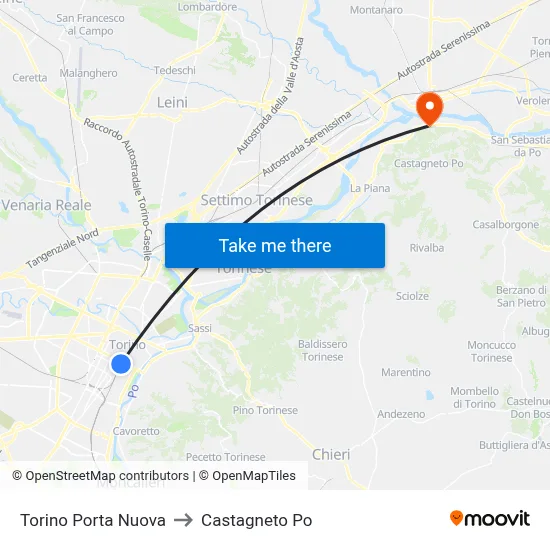 Turin Porta Nuova to Castagneto Po map