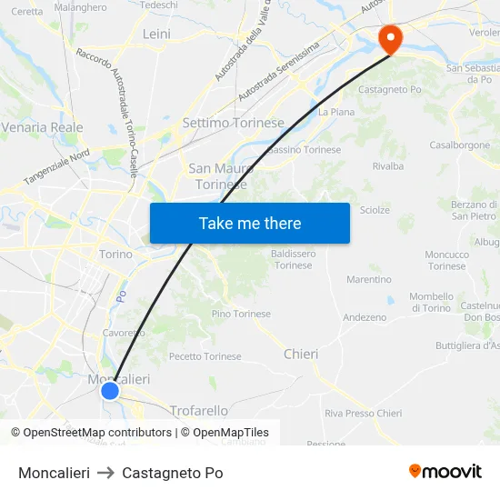 Moncalieri to Castagneto Po map