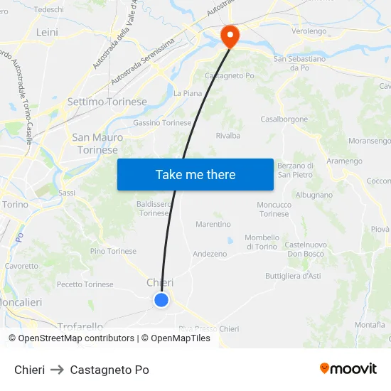 Chieri to Castagneto Po map