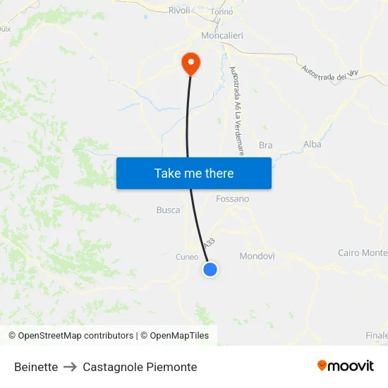 Beinette to Castagnole Piemonte map