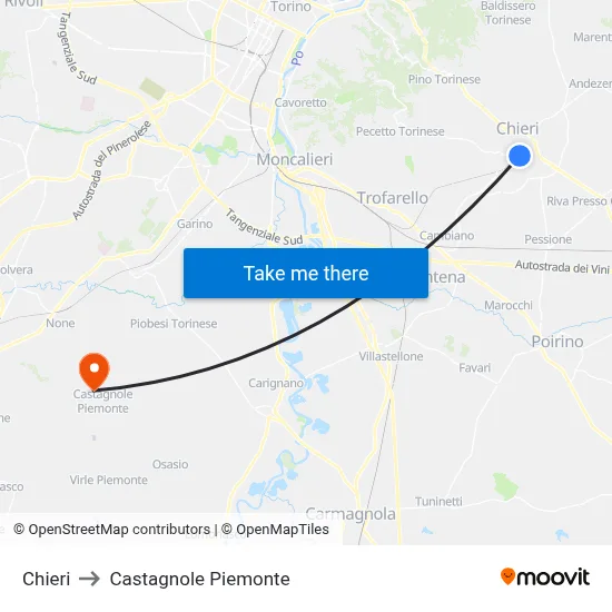 Chieri to Castagnole Piemonte map