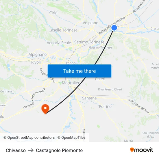 Chivasso to Castagnole Piemonte map