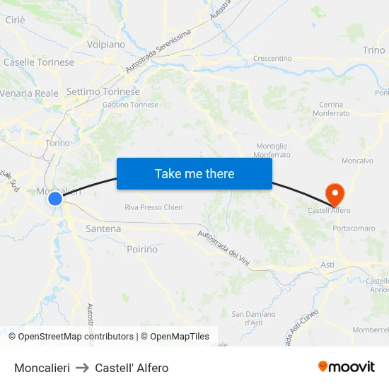 Moncalieri to Castell' Alfero map