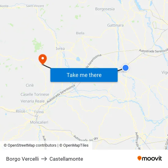 Borgo Vercelli to Castellamonte map