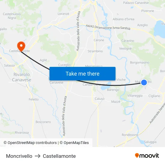 Moncrivello to Castellamonte map