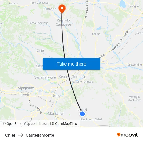 Chieri to Castellamonte map
