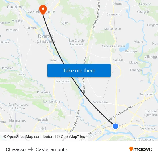 Chivasso to Castellamonte map