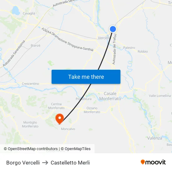 Borgo Vercelli to Castelletto Merli map