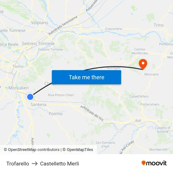 Trofarello to Castelletto Merli map