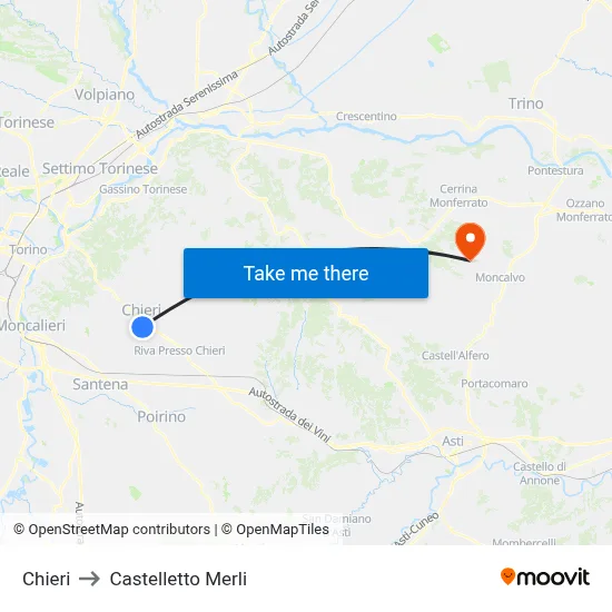 Chieri to Castelletto Merli map