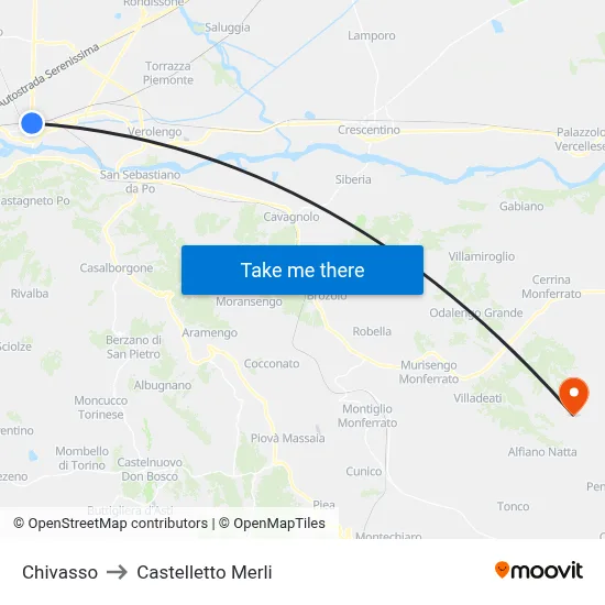 Chivasso to Castelletto Merli map