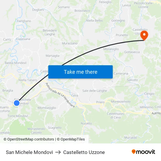 San Michele Mondovì to Castelletto Uzzone map