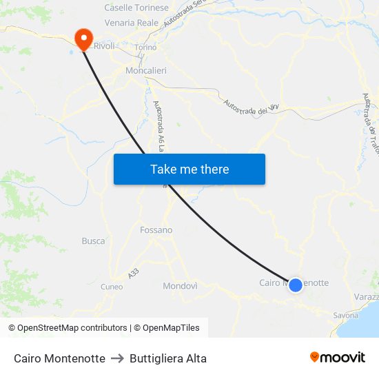 Cairo Montenotte to Buttigliera Alta map