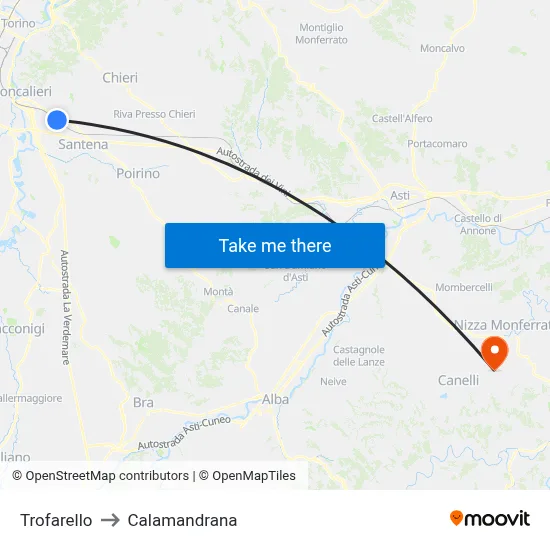 Trofarello to Calamandrana map
