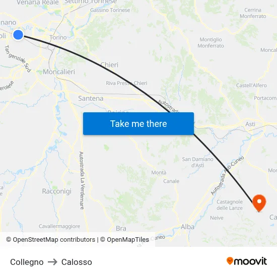 Collegno to Calosso map