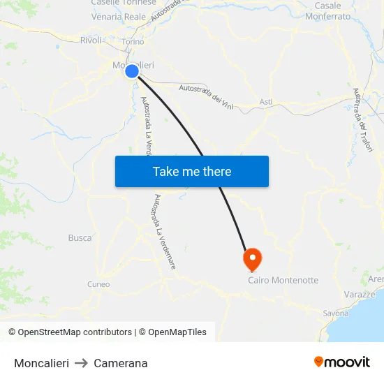 Moncalieri to Camerana map