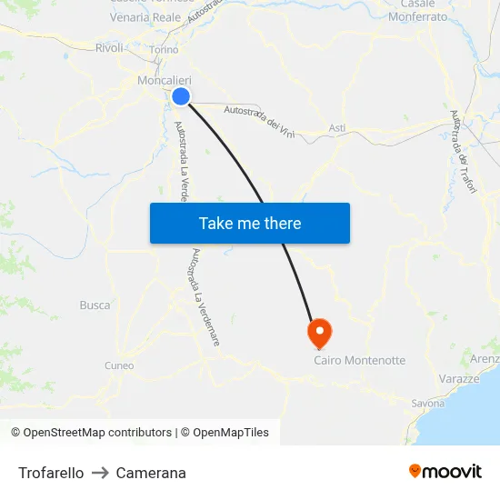 Trofarello to Camerana map