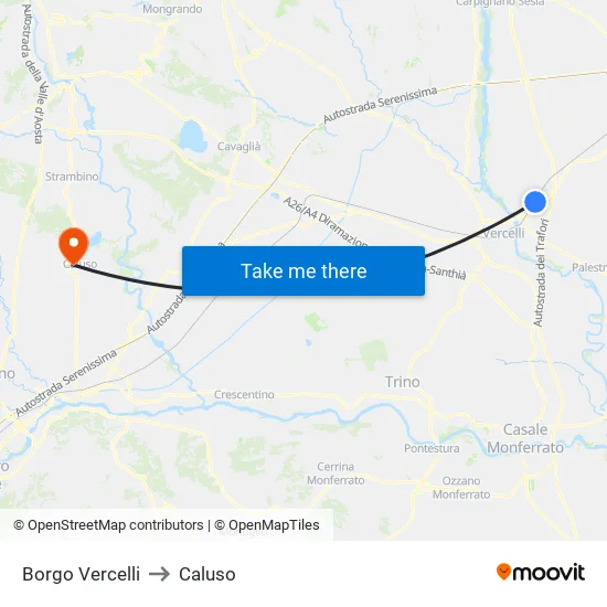 Borgo Vercelli to Caluso map