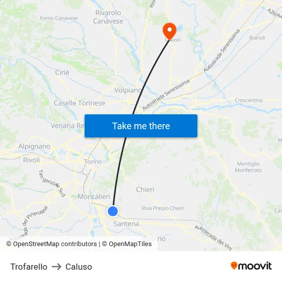 Trofarello to Caluso map