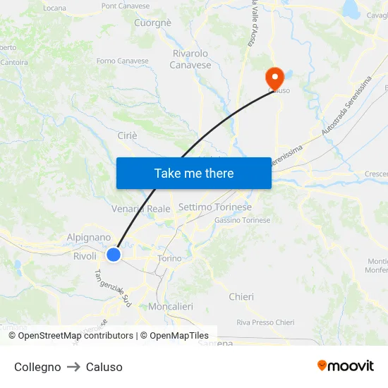 Collegno to Caluso map