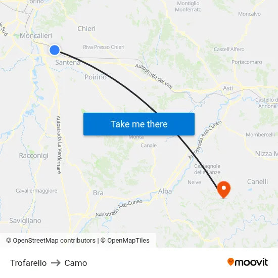 Trofarello to Camo map