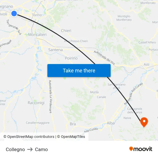 Collegno to Camo map