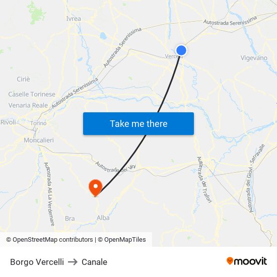 Borgo Vercelli to Canale map