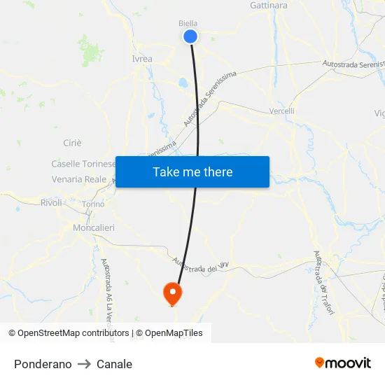 Ponderano to Canale map