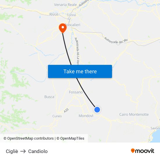 Cigliè to Candiolo map