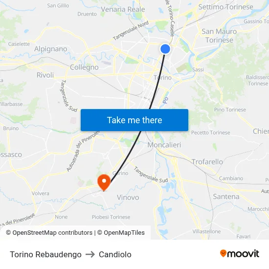 Turin Rebaudengo to Candiolo map